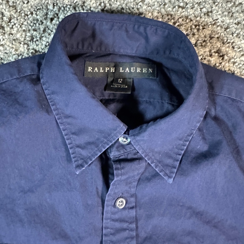 Women's Ralph Lauren Black Label Sz 12 Navy Blue Cotton Button Down Shirt - Picture 2 of 8